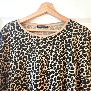 Zara High Low Hem Leopard Print Shirt XL Tan Brown